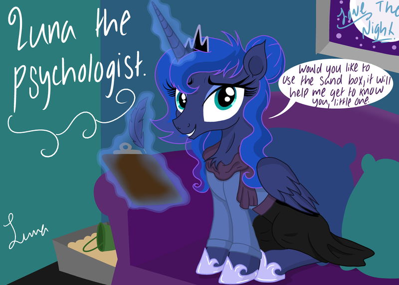Size: 4823x3445 | Tagged: safe, artist:darkest-lunar-flower, derpibooru import, princess luna, alicorn, pony, absurd resolution, chest fluff, clipboard, clothes, couch, dialogue, female, levitation, looking at you, magic, mare, picture frame, psychologist, sandbox, sitting, smiling, solo, telekinesis