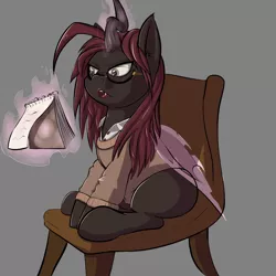 Size: 2000x2000 | Tagged: 4chan, chair, changeling, changeling oc, clothes, cute, cute little fangs, derpibooru import, drawthread, fangs, glasses, magic, oc, oc:invictia sadie, red changeling, safe, simple background, sitting, solo, sweater, telekinesis, unofficial characters only