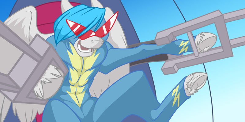 Size: 4200x2100 | Tagged: safe, artist:foxenawolf, derpibooru import, oc, oc:air mach, unofficial characters only, pony, fanfic:piercing the heavens, absurd resolution, fanfic art, kamina, kamina sunglasses, tengen toppa gurren lagann, wonderbolts