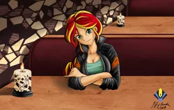 Size: 2975x1892 | Tagged: safe, artist:penspark, derpibooru import, sunset shimmer, equestria girls, beautiful, breasts, busty sunset shimmer, candle, cleavage, clothes, cute, female, human coloration, jacket, looking at you, shimmerbetes, sitting, smiling, solo, table