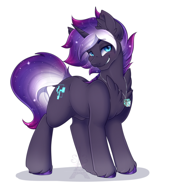 Size: 1024x1092 | Tagged: safe, artist:silent-shadow-wolf, derpibooru import, oc, oc:nexus, unofficial characters only, pony, unicorn, collar, commission, galaxy mane, looking at you, male, simple background, smiling, solo, stallion, transparent background