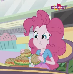 Size: 629x633 | Tagged: safe, derpibooru import, screencap, pinkie pie, equestria girls, mirror magic, spoiler:eqg specials, burger, cropped, cupcake, cute, food, oat burger, oats, smiling, solo, teletoon, that human sure does love burgers