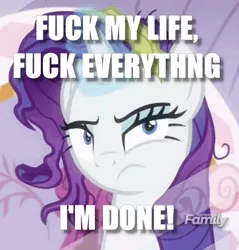 Size: 446x466 | Tagged: safe, derpibooru import, edit, edited screencap, screencap, rarity, pony, unicorn, ppov, annoyed, cropped, discovery family logo, female, fml, image macro, mare, meme, messy mane, solo, vulgar