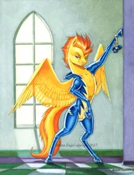 Size: 1000x1309 | Tagged: suggestive, artist:baron engel, derpibooru import, spitfire, pegasus, pony, clothes, colored pencil drawing, female, goggles, indoors, mare, smiling, solo, solo female, traditional art, undressing, uniform, watermark, wonderbolts uniform