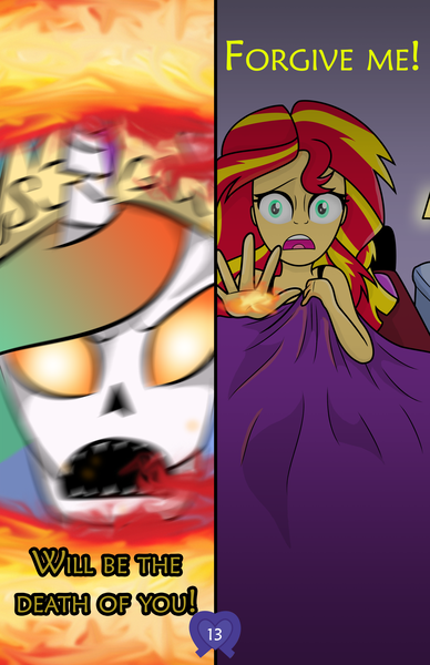 Size: 2650x4095 | Tagged: safe, artist:deannaphantom13, derpibooru import, princess celestia, sunset shimmer, comic:equestrian city, equestria girls, absurd resolution, bed, comic, death threat, dream, equestrian city, fire, nightmare, nightmare fuel, threat