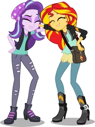 Size: 1343x1800 | Tagged: safe, artist:seahawk270, derpibooru import, starlight glimmer, sunset shimmer, equestria girls, mirror magic, spoiler:eqg specials, bag, clothes, duo, eyes closed, jacket, laughing, pants, shirt, simple background, smiling, transparent background, vector, vest