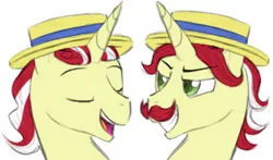 Size: 302x178 | Tagged: safe, artist:alicornparty, derpibooru import, flam, flim, pony, duo, eyes closed, facial hair, flim flam brothers, grin, moustache, smiling