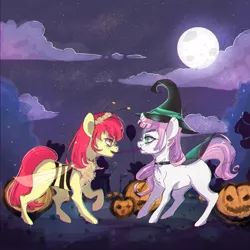 Size: 1280x1280 | Tagged: safe, artist:co11on-art, derpibooru import, apple bloom, sweetie belle, pony, blank flank, chromatic aberration, full moon, halloween, hat, holiday, jack-o-lantern, moon, open mouth, pumpkin, raised hoof, scenery, stars, wizard hat