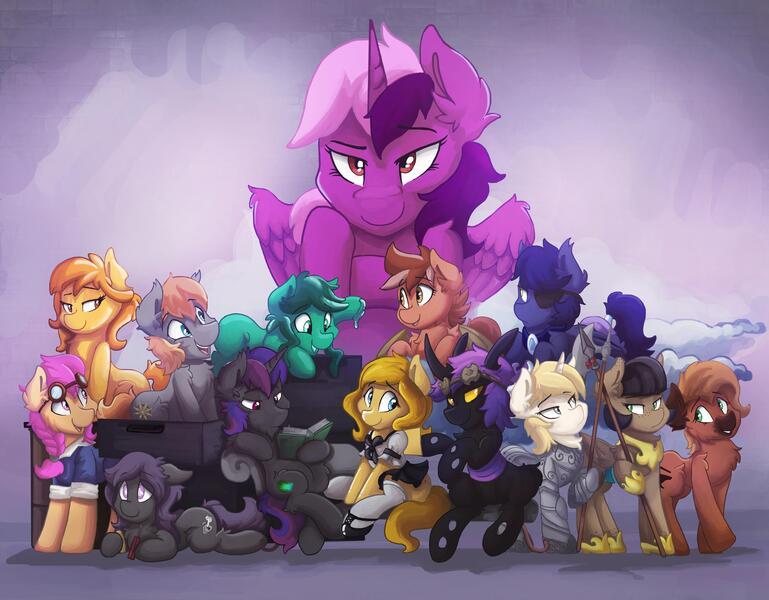 Size: 5325x4154 | Tagged: safe, artist:saxopi, derpibooru import, oc, oc:amber, oc:cirrus mist, oc:copper sparks, oc:deadeye, oc:elytrius, oc:gallant hymn, oc:ilygredd, oc:jade alloy, oc:lime sapphire, oc:night light (male), oc:pepper spice, oc:shani, oc:swift justice, oc:trinket, unofficial characters only, alicorn, changeling, earth pony, goo pony, original species, pegasus, pony, robot, robot pony, unicorn, absurd resolution, artificial wings, augmented, blind pony, changeling oc, clothes, eyepatch, goggles, group, group photo, katakan, maid, mechanical wing, purple changeling, reading, royal guard, simple background, smiling, spears, wings