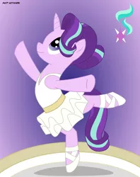 Size: 5311x6716 | Tagged: safe, artist:mandash1996, derpibooru import, starlight glimmer, pony, unicorn, a royal problem, absurd resolution, ballerina, clothes, cute, cutie mark, female, glimmerbetes, glimmerina, hair bun, leotard, mare, purple background, raised leg, shoes, simple background, skirt, skirt lift, smiling, solo, standing, standing on one leg, tutu, vector