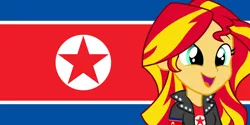 Size: 2000x1000 | Tagged: safe, artist:rundevilrun007, derpibooru import, sunset shimmer, equestria girls, flag, north korea, north korean flag, open mouth, smiling, solo, vector