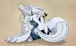 Size: 2226x1365 | Tagged: safe, artist:magnaluna, derpibooru import, princess luna, oc, oc:zefiroth, alicorn, dragon, pony, blushing, canon x oc, cheek fluff, chest fluff, chin fluff, collar, curved horn, cute, ear fluff, eyes closed, female, fluffy, grooming, heart, lunabetes, male, mare, nom, paws, prone, shipping, straight