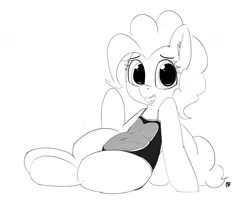 Size: 1280x1050 | Tagged: suggestive, artist:pabbley, derpibooru import, pinkie pie, earth pony, pony, belly button, clothes, female, frontal-mesh swimsuit, looking at you, mare, mesh, monochrome, one-piece swimsuit, open mouth, simple background, solo, solo female, swimsuit, waving, white background