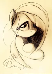 Size: 2017x2889 | Tagged: safe, artist:louislithium, derpibooru import, fluttershy, pony, bust, charcoal drawing, female, hair over one eye, looking at you, looking sideways, looking up, mare, monochrome, portrait, sketch, solo, traditional art