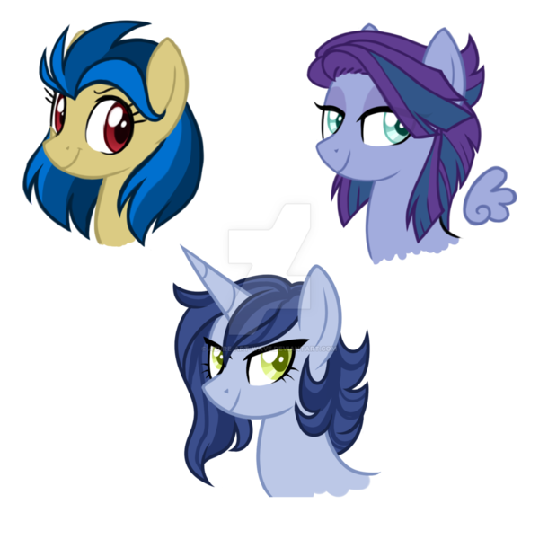 Size: 1024x1024 | Tagged: safe, artist:azure-art-wave, derpibooru import, oc, unofficial characters only, earth pony, pegasus, pony, unicorn, bust, female, floating wings, magical lesbian spawn, mare, offspring, parent:daring do, parent:flash sentry, parent:limestone pie, parent:maud pie, parent:shining armor, parent:vinyl scratch, parents:daringscratch, parents:limearmor, parents:maudsentry, portrait, simple background, transparent background, watermark
