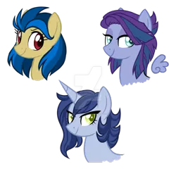 Size: 1024x1024 | Tagged: safe, artist:azure-art-wave, derpibooru import, oc, unofficial characters only, earth pony, pegasus, pony, unicorn, bust, female, floating wings, magical lesbian spawn, mare, offspring, parent:daring do, parent:flash sentry, parent:limestone pie, parent:maud pie, parent:shining armor, parent:vinyl scratch, parents:daringscratch, parents:limearmor, parents:maudsentry, portrait, simple background, transparent background, watermark