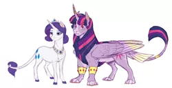 Size: 2565x1324 | Tagged: safe, artist:earthsong9405, deleted from derpibooru, derpibooru import, rarity, twilight sparkle, twilight sparkle (alicorn), alicorn, classical unicorn, hybrid, pony, sphinx, unicorn, arranged marriage au, alternate universe, arranged marriage, cloven hooves, colored hooves, female, jewelry, leonine tail, lesbian, necklace, princess rarity, rarilight, shipping, simple background, species swap, sphinxlight sparkle, white background