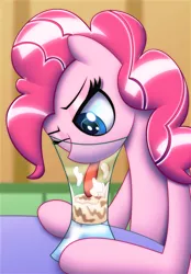 Size: 4500x6450 | Tagged: safe, artist:t.f.a.n.c.s., derpibooru import, pinkie pie, earth pony, pony, absurd resolution, cup, female, glass, licking, mare, milkshake, one eye closed, silly, silly pony, solo, tongue out