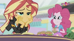 Size: 1136x638 | Tagged: safe, derpibooru import, screencap, pinkie pie, sunset shimmer, equestria girls, mirror magic, spoiler:eqg specials, burger, canterlot mall, eating, food, geode of empathy, hamburger, magical geodes, oat burger, oats, serving tray, smiling, teletoon, that human sure does love burgers, worried