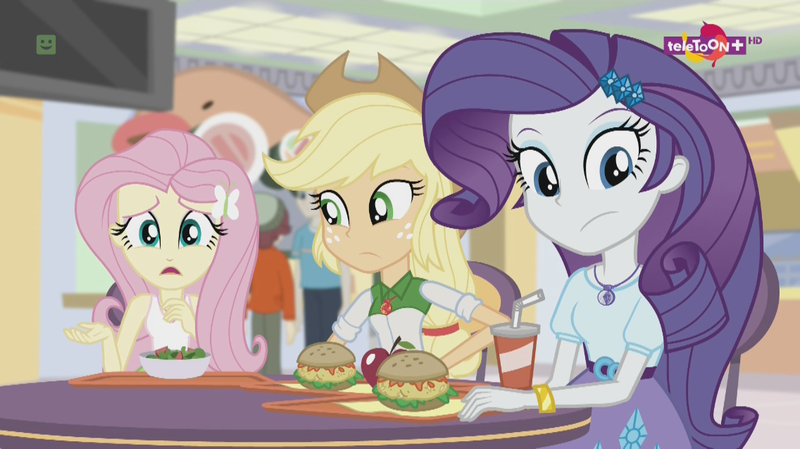 Size: 1136x638 | Tagged: safe, derpibooru import, screencap, applejack, fluttershy, rarity, equestria girls, mirror magic, spoiler:eqg specials, apple, burger, canterlot mall, food, geode of shielding, geode of super strength, hamburger, magical geodes, oat burger, oats, salad, serving tray, soda, teletoon, worried