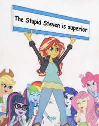 Size: 720x914 | Tagged: safe, artist:manly man, derpibooru import, edit, applejack, fluttershy, pinkie pie, rainbow dash, rarity, sci-twi, sunset shimmer, twilight sparkle, equestria girls, exploitable meme, meme, parody, sign, steven universe, sunset's board