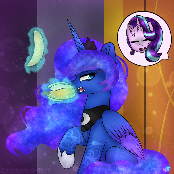 Size: 1024x1024 | Tagged: safe, artist:northlights8, derpibooru import, princess luna, starlight glimmer, alicorn, pony, unicorn, a royal problem, banana, food, magic, telekinesis