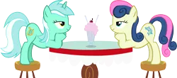 Size: 7717x3401 | Tagged: safe, artist:ironm17, derpibooru import, bon bon, lyra heartstrings, sweetie drops, earth pony, pony, unicorn, absurd resolution, bedroom eyes, cherry, date, eye contact, female, food, lesbian, looking at each other, love, lyrabon, milkshake, romance, sharing a drink, shipping, simple background, stool, table, transparent background, vector