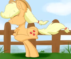 Size: 6000x5000 | Tagged: safe, artist:meowmavi, derpibooru import, applejack, pony, absurd resolution, chest fluff, cloud, cute, ear fluff, eyes closed, fence, jackabetes, running, solo