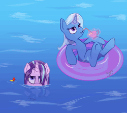 Size: 800x709 | Tagged: safe, artist:imaplatypus, derpibooru import, starlight glimmer, trixie, pony, unicorn, animated, barely animated, cup, drinking straw, evil grin, gif, grin, inner tube, reflection, smiling, straw, teacup, that pony sure does love teacups, this will end in tears, watergun, wet mane