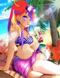 Size: 600x776 | Tagged: artist:mochabeetle, beach, beach ball, beach towel, belly button, bikini, breasts, clothes, derpibooru import, drinking, female, flower, flower in hair, human, humanized, lens flare, nail polish, palm tree, princess cadance, sarong, sexy, solo, solo female, suggestive, sunglasses, swimsuit, tree, watermark