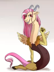 Size: 900x1200 | Tagged: artist:passigcamel, derpibooru import, draconequus, draconequus oc, female, grin, hybrid, interspecies offspring, looking at you, next generation, oc, oc:paula, offspring, parent:discord, parent:fluttershy, parents:discoshy, safe, simple background, smiling, solo, unofficial characters only