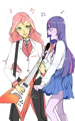 Size: 900x1440 | Tagged: safe, artist:extraluna, derpibooru import, sunset shimmer, twilight sparkle, equestria girls, alternate costumes, blushing, clothes, electric guitar, female, flying v, guitar, lesbian, looking at each other, microphone, school uniform, shipping, singing, sunsetsparkle, tailcoat