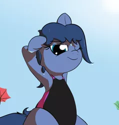 Size: 1272x1336 | Tagged: suggestive, artist:wenni, derpibooru import, oc, oc:whinny, unofficial characters only, pony, arm behind head, armpits, clothes, female, floppy ears, looking at you, mare, one eye closed, one-piece swimsuit, smiling, solo, stretching, swimsuit, umbrella, underhoof, wet mane, wink