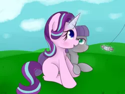 Size: 1600x1200 | Tagged: safe, artist:zlight, derpibooru import, maud pie, starlight glimmer, earth pony, pony, unicorn, blushing, chest fluff, colored pupils, ear fluff, female, fluffy, holding hooves, kite, kite flying, leg fluff, lesbian, magic, mare, shipping, smiling, starmaud