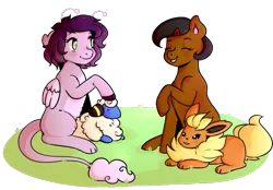 Size: 762x530 | Tagged: safe, artist:cinnamonsparx, derpibooru import, oc, oc:porcelain skies, oc:quinny, unofficial characters only, earth pony, flareon, mareep, original species, pony, crossover, pokémon, simple background, transparent background