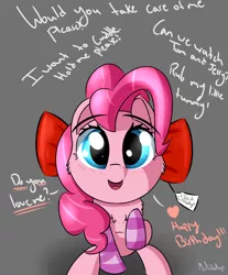 Size: 1900x2300 | Tagged: safe, artist:a8f12, derpibooru import, pinkie pie, pony, adorable face, blue eyes, bow, clothes, cute, diapinkes, question mark, sitting, socks, striped socks, weapons-grade cute