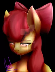 Size: 600x784 | Tagged: apple bloom, artist:paintcoloryt, black background, bow, crying, derpibooru import, female, hair bow, sad, safe, semi-anthro, signature, simple background, solo, watermark
