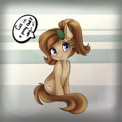 Size: 1024x1024 | Tagged: safe, artist:csox, derpibooru import, oc, oc:mocha latte, unofficial characters only, pony, blushing, bow, chest fluff, cute, dialogue, hair bow, looking at you, sitting, smiling, solo, speech bubble