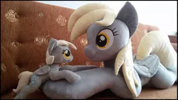 Size: 1154x653 | Tagged: safe, artist:rosamariposacrafts, derpibooru import, derpy hooves, pony, couch, irl, life size, photo, plushie, self ponidox, size difference