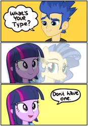 Size: 857x1233 | Tagged: suggestive, derpibooru import, flash sentry, twilight sparkle, oc, oc:milky way, earth pony, pony, equestria girls, blatant lies, canon x oc, comic, denial, dialogue, duckface, female, flashback, grin, implied canon x oc, implied lesbian, implied shipping, kinky, lesbian, love triangle, male, meme, milky sparkle, open mouth, parody, poker face, shipping, smiling, thinking, what's your type