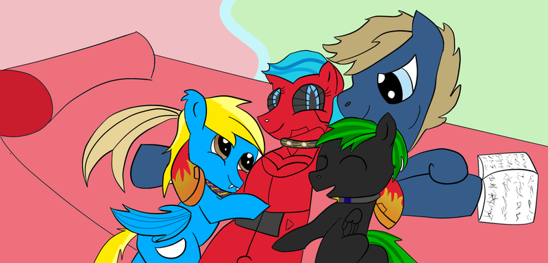 Size: 1400x672 | Tagged: safe, artist:ranto, artist:timejumper, derpibooru import, oc, oc:aliax smily, oc:chip megabyte, oc:moonsaber, oc:o-5, oc:serena, unofficial characters only, bat pony, pony, robot, robot pony, bed, book, collar, cuddling, cute, simple background