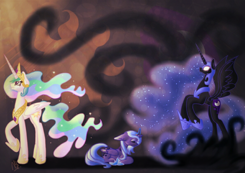 Size: 1191x842 | Tagged: safe, artist:darkestsunset, derpibooru import, nightmare moon, princess celestia, princess luna, alicorn, pony, duality, eyes closed, floppy ears, prone, rearing, royal sisters, s1 luna