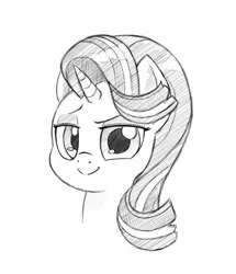 Size: 1097x1278 | Tagged: safe, artist:trickydick, derpibooru import, starlight glimmer, pony, unicorn, bust, female, grayscale, lidded eyes, looking at you, mare, monochrome, portrait, simple background, smiling, solo, white background