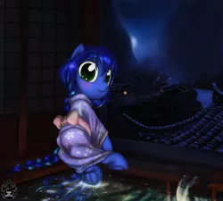 Size: 1300x1170 | Tagged: safe, artist:darkstylerz, derpibooru import, oc, oc:forlorn fate, unofficial characters only, earth pony, pony, blushing, braid, clothes, colored pupils, commission, female, filly, frog (hoof), hooves, japan, kimono (clothing), long mane, looking at you, looking back, looking back at you, night, ribbon, river, scenery, solo, underhoof, village, water, wet