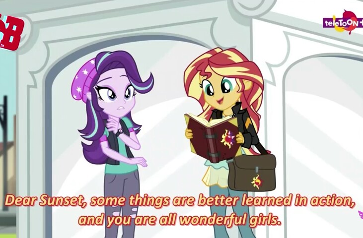 Size: 731x480 | Tagged: safe, derpibooru import, screencap, starlight glimmer, sunset shimmer, equestria girls, mirror magic, spoiler:eqg specials, bag, book, clothes, hat, pants, subtitles, teletoon