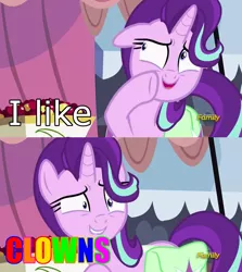 Size: 1256x1406 | Tagged: safe, derpibooru import, edit, edited screencap, screencap, starlight glimmer, pony, unicorn, rock solid friendship, clown, discovery family logo, exploitable meme, image macro, meme, rainbow, shrunken pupils, solo, starlight's confessions, sweat