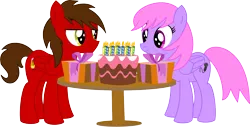 Size: 4089x2084 | Tagged: safe, artist:cyanlightning, derpibooru import, oc, oc:chip, oc:melody notes, unofficial characters only, pegasus, pony, .svg available, absurd resolution, birthday cake, cake, candle, duo, female, folded wings, food, lidded eyes, looking at each other, male, mare, present, simple background, smiling, stallion, table, transparent background, vector