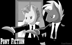 Size: 3000x1881 | Tagged: safe, artist:taritoons, derpibooru import, jules winnfield, vincent vega, oc, oc:randy, oc:steve, ponified, unofficial characters only, pony, banana, bipedal, clothes, duo, food, grayscale, hoof hold, monochrome, movie poster, parody, pulp fiction, reference, tuxedo