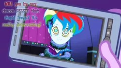 Size: 1360x760 | Tagged: safe, artist:snakeythingy, derpibooru import, equestria girls, friendship through the ages, camera shot, coils, crossover, dialogue, kaa, kaa eyes, manip, mind control, photo manipulation, story included, swirly eyes