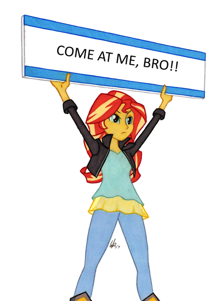 Size: 950x1278 | Tagged: safe, artist:manly man, derpibooru import, edit, sunset shimmer, equestria girls, clothes, come at me bro, exploitable meme, female, jacket, leather jacket, meme, pants, sign, simple background, solo, sunset's board, white background